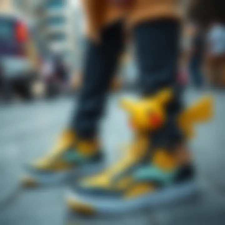 Stylish Urban Look with Pikachu Shoes An adult enthusiast showcasing Pikachu shoes in a stylish urban setting.
