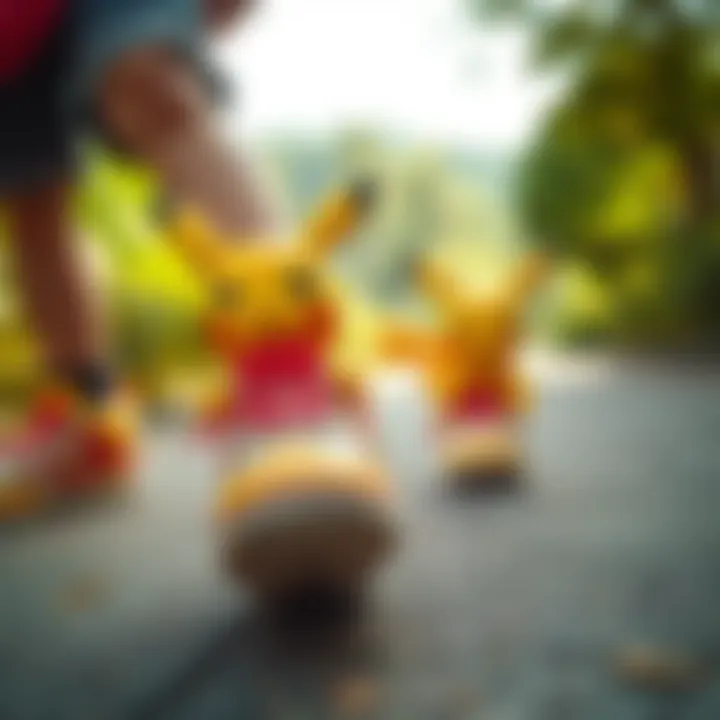 Children in Pikachu Shoes Enjoying Adventure Children wearing Pikachu shoes while playing outdoors, highlighting fun and adventure.