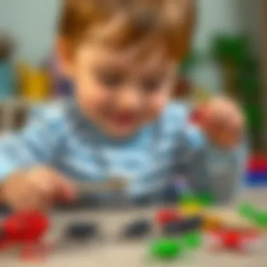 Child playing with plastic insect toys enhancing motor skills