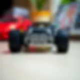 A detailed view of a remote-controlled toy car showcasing its intricate design