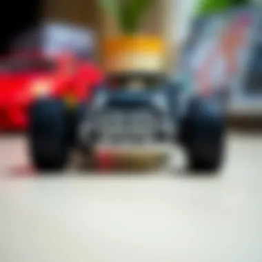 A detailed view of a remote-controlled toy car showcasing its intricate design