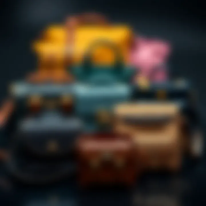 An artistic arrangement of small bags in various styles