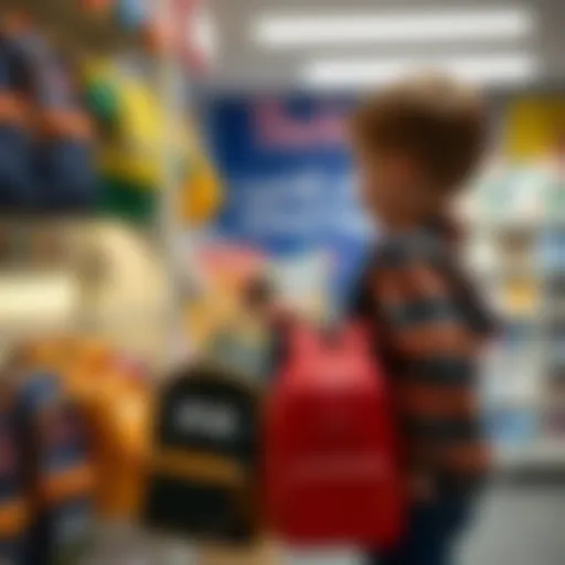 A child selecting a school bag from a variety of designs