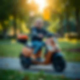 A child joyfully riding a scooter in a park