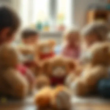 A playful scene of children playing with various teddy bears, illustrating their role in child development.