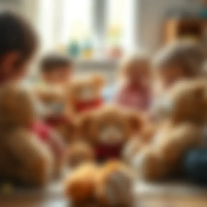 A playful scene of children playing with various teddy bears, illustrating their role in child development.