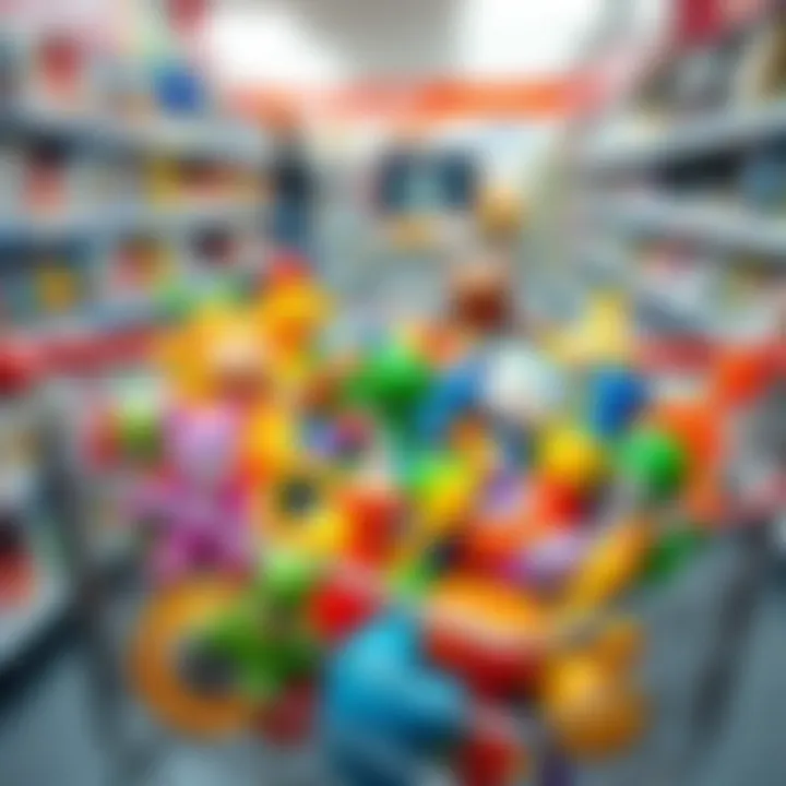 An array of colorful toys displayed in a shopping cart