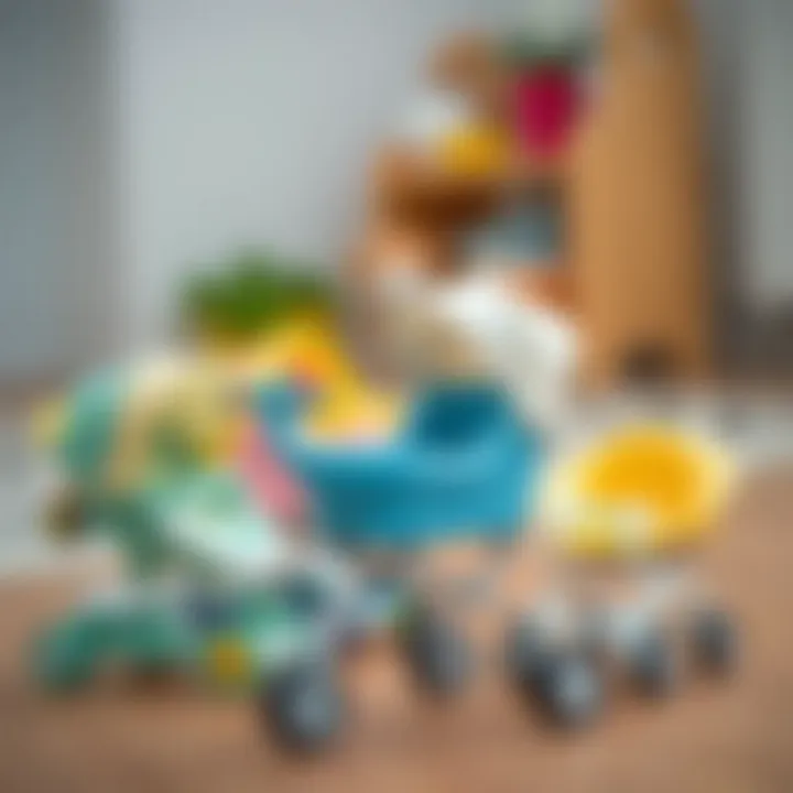 Diverse types of toy strollers