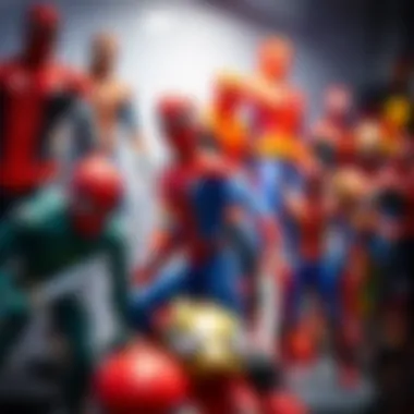 A vibrant collection of Spider-Man figures displayed on a shelf.