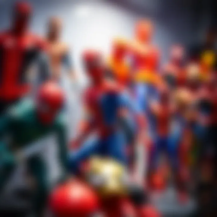 A vibrant collection of Spider-Man figures displayed on a shelf.