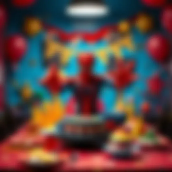 Colorful Spiderman themed birthday table setting with decorations