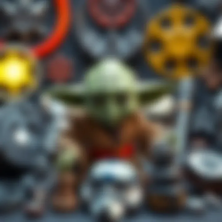 Yoda amidst iconic Star Wars symbols and artifacts