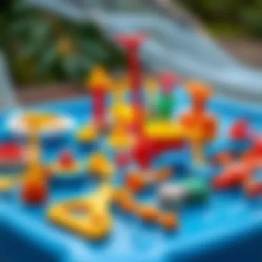 Close-up of various toys and tools on a water activity table
