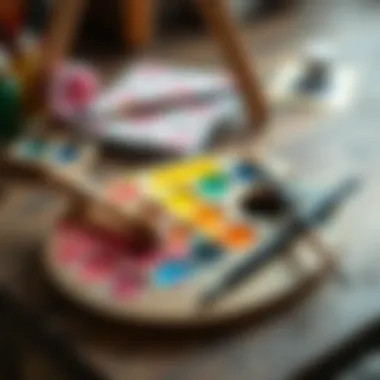 An artist's palette with watercolor paints and brushes set for flower painting