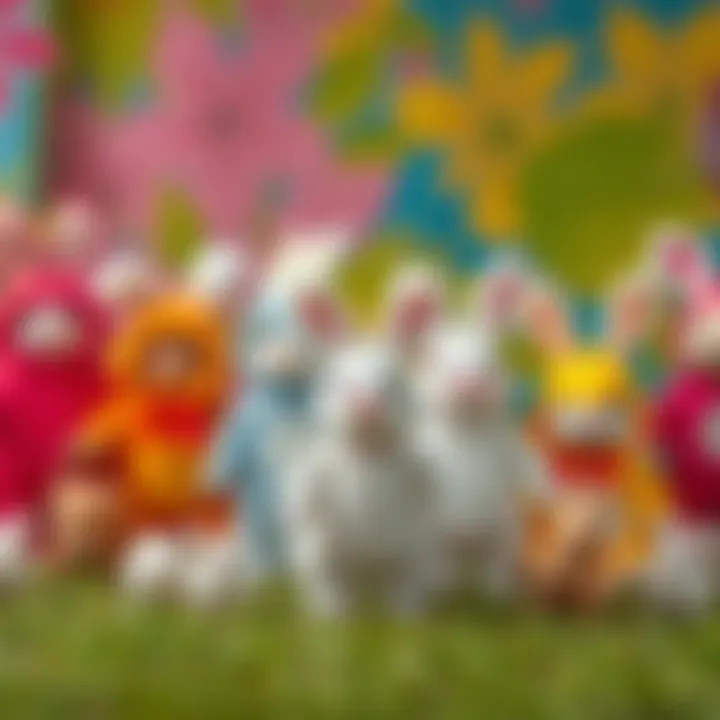 Various designs of rabbit costumes displayed on a colorful background.