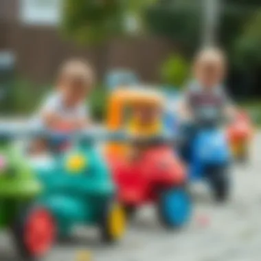 Children playing with various wheel-based toys