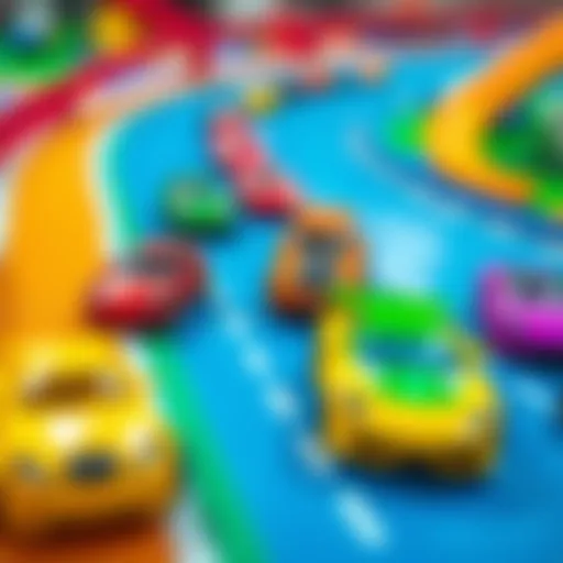 Vibrant toy cars racing on a colorful track