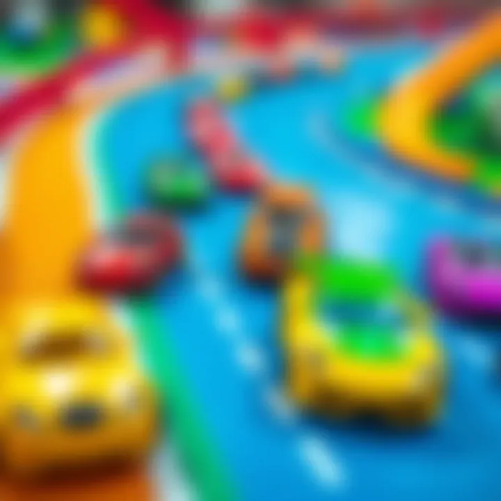 Vibrant toy cars racing on a colorful track