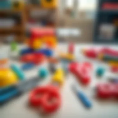 Colorful toy repair tools spread out on a table