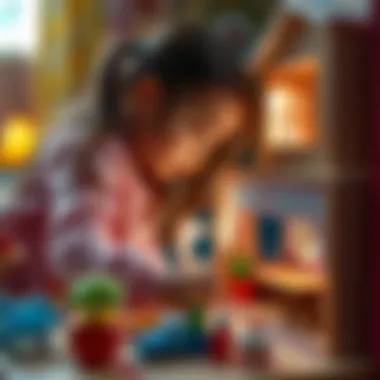A girl exploring a vibrant dollhouse, sparking imagination