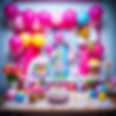 A vibrant unicorn-themed party setup with balloons and decorations