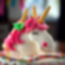 A whimsical unicorn cake decorated with colorful frosting and magical details