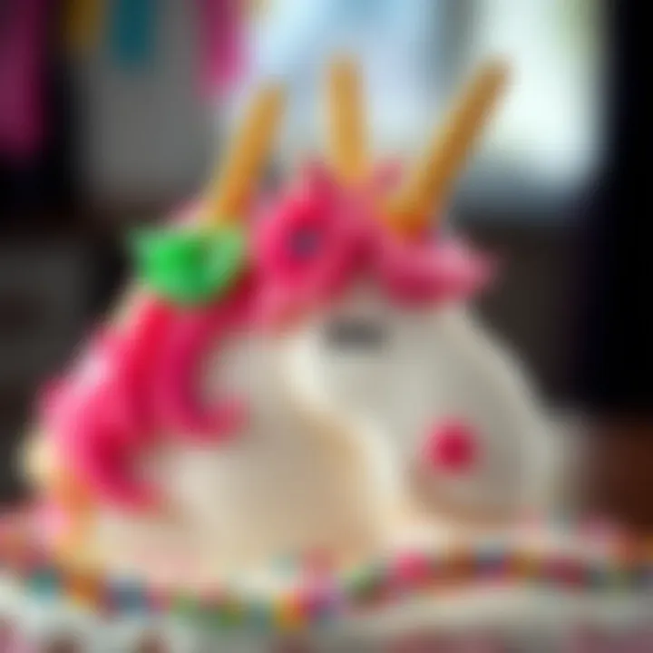 A whimsical unicorn cake decorated with colorful frosting and magical details