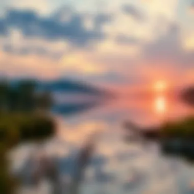 A serene watercolor landscape depicting a tranquil lake at sunrise.