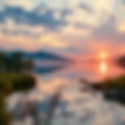 A serene watercolor landscape depicting a tranquil lake at sunrise.