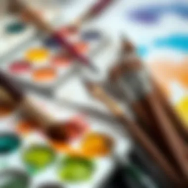 A detailed close-up of watercolor materials including brushes and paint palettes.
