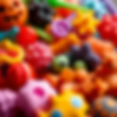Close-up of various sticky toy textures and shapes