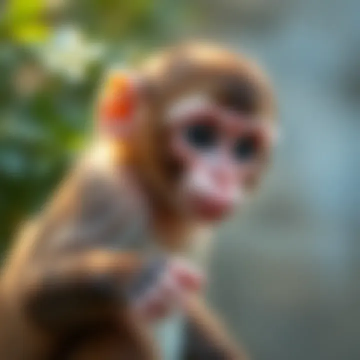 A close-up of a baby monkey observing its surroundings.
