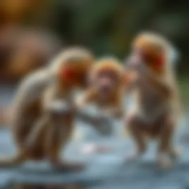 A young monkey engaging in playful behavior with its peers.
