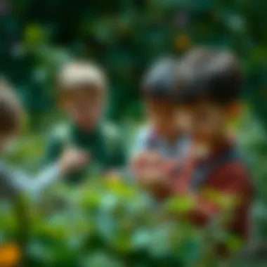 Children observing click beetles in a garden setting during a nature walk