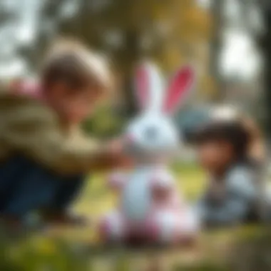 Children playing and engaging with a bouncy rabbit toy outdoors