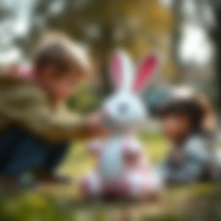 Children playing and engaging with a bouncy rabbit toy outdoors