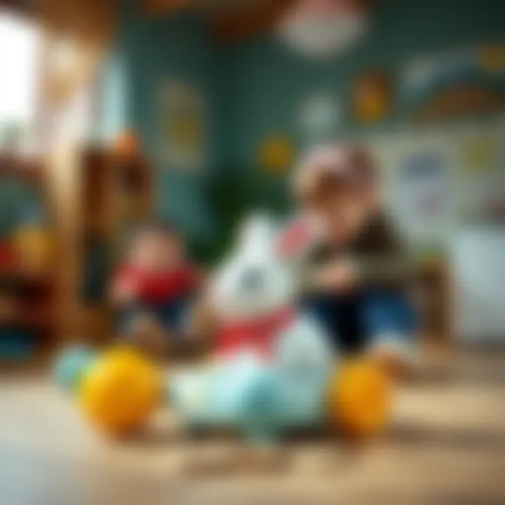 An educational setting where children are using the bouncy rabbit toy